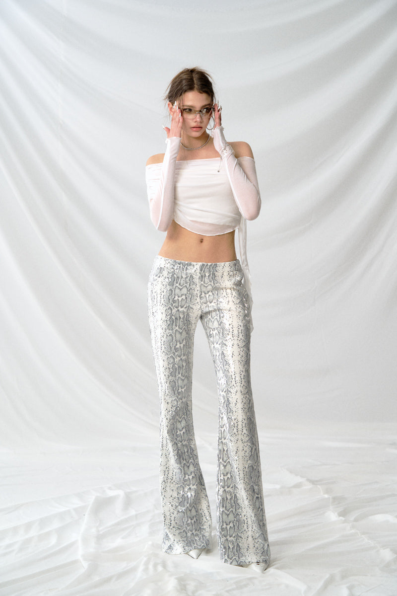 J TheChosen  Snake Print Sequin Fitted Flared Pants